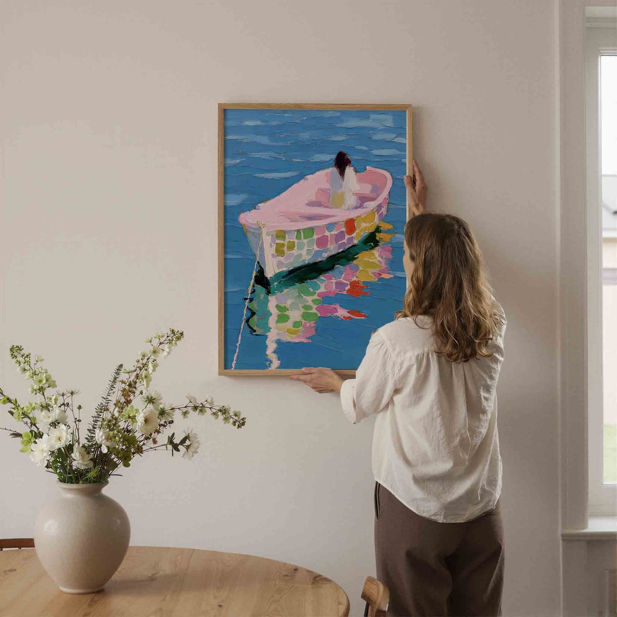 Boot op blauwe zee – dromerige illustratie als portret poster