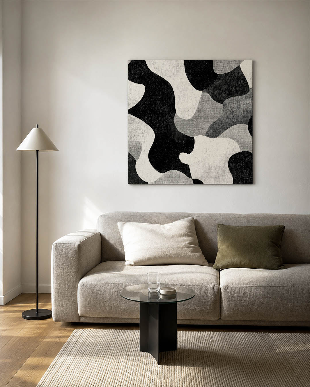 Organische vormen kunstwerk – vierkante wanddecoratie – dit werk toont vloeiende, organische vormen in zwart, wit en grijs.