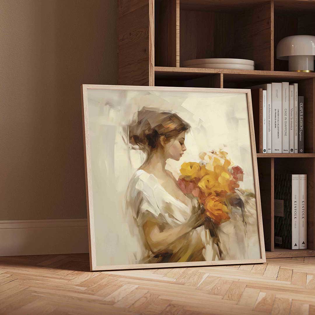 Vrouw met bloemen – vierkante portret wanddecoratie van WallArtistic