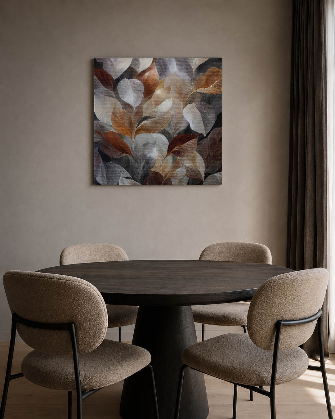 Organische bladvormen kunstwerk – tweede productweergave – dit kunstwerk toont een verzameling bladeren in zachte, vloeiende