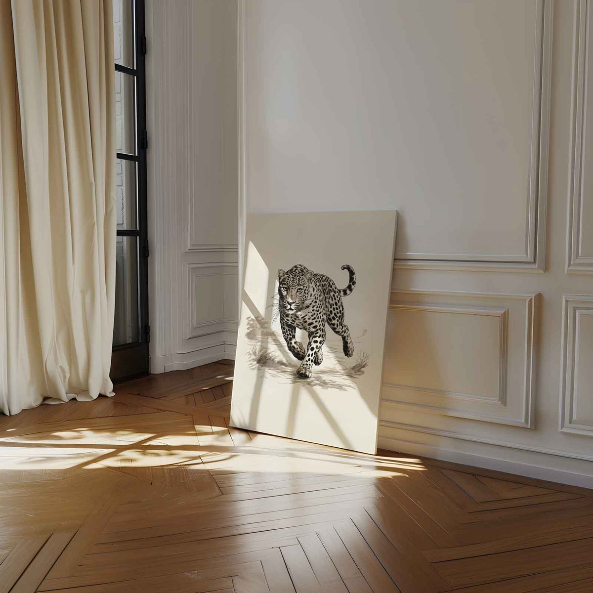 Sierlijke Jachtluipaard in Actie – staand kunstwerk voor modern interieur