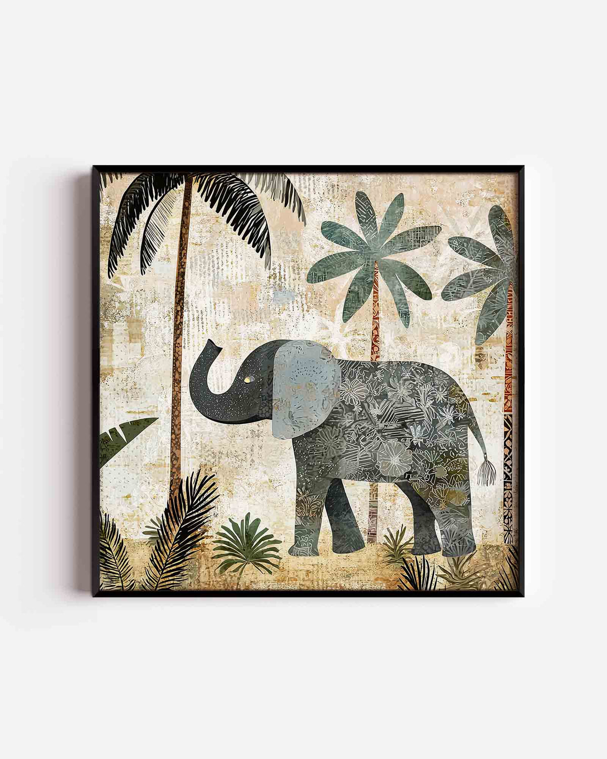 Olifant en palmbomen – vierkante dierenposter als wanddecoratie