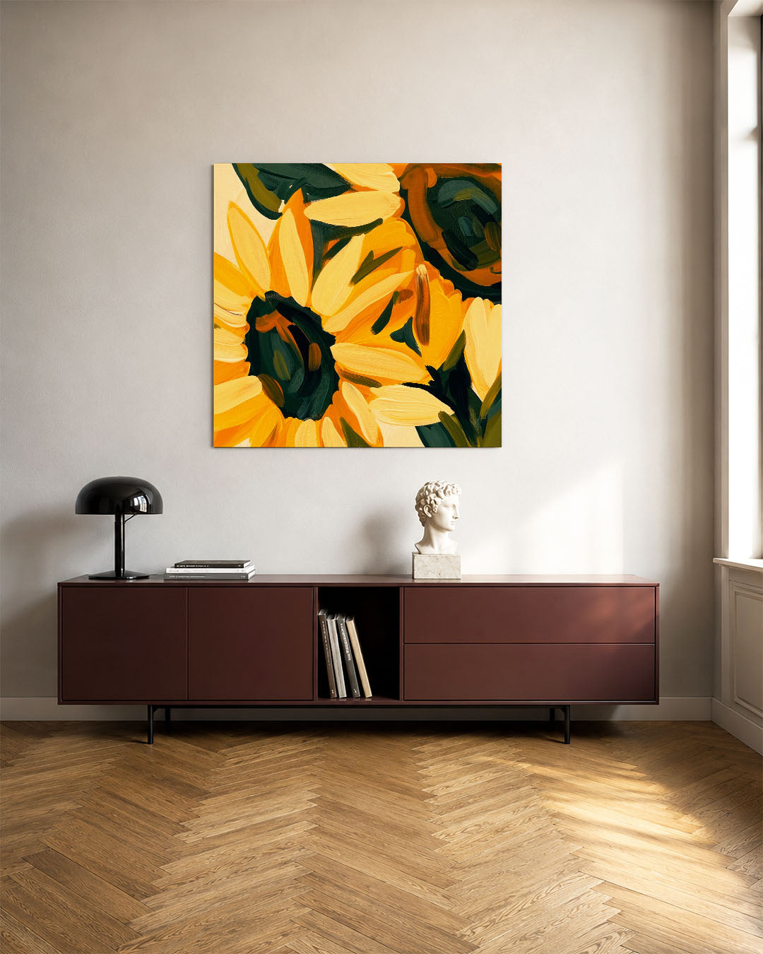 Expressieve bloemen kunstwerk – tweede productweergave – dit werk toont grote bloemen in levendige kleuren. De penseelstreken