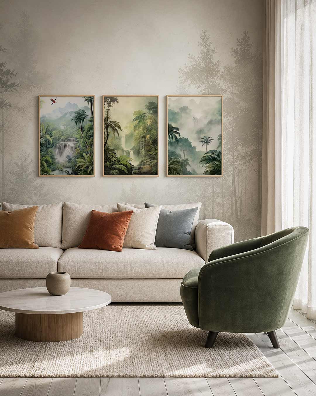 Natuurlijke sereniteit driedelige posterset – deze posterset in drie delen toont een weelderig groen