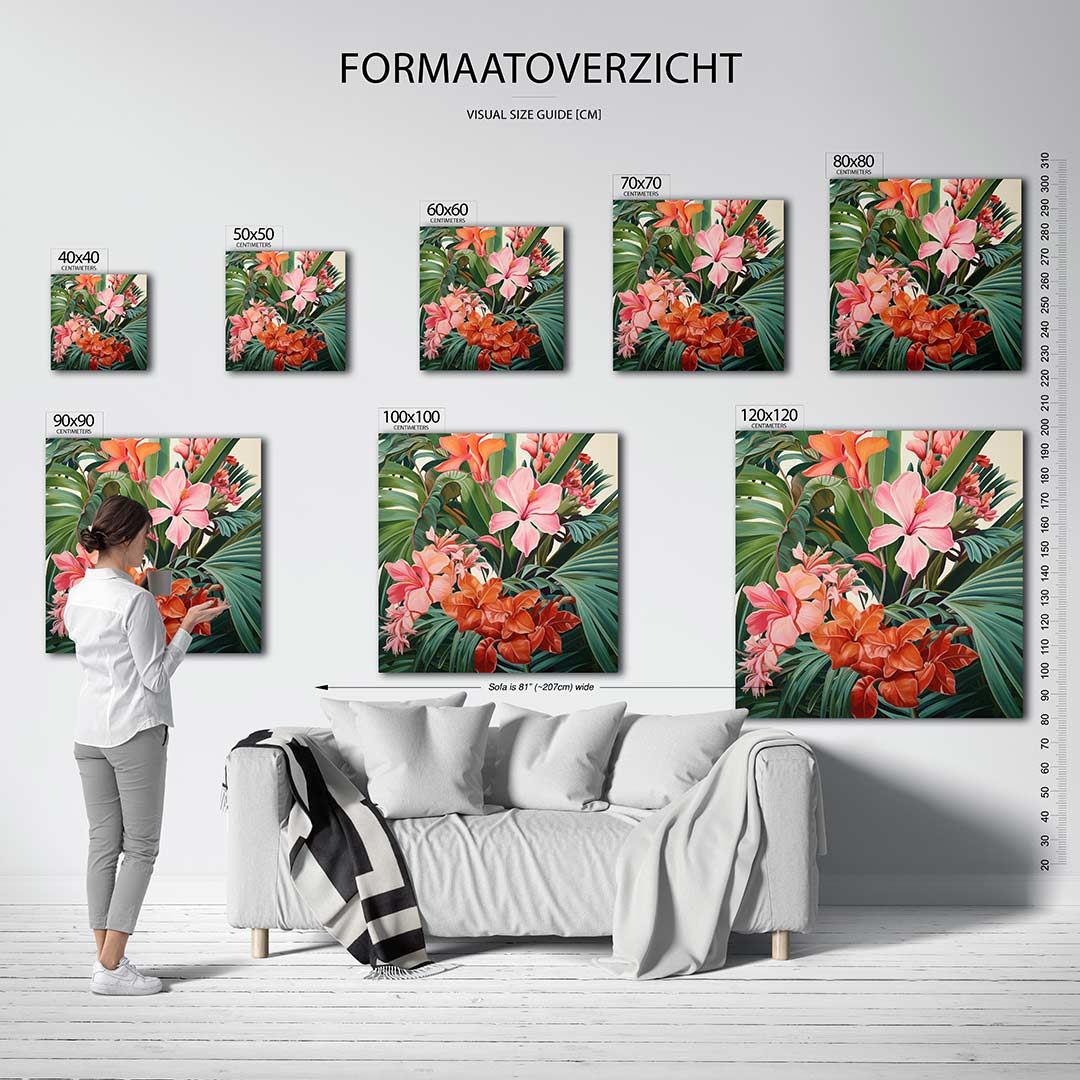 Bloemrijke jungle kunstwerk – dit kunstwerk toont een weelderige verzameling van kleurrijke bloemen en bladeren, met