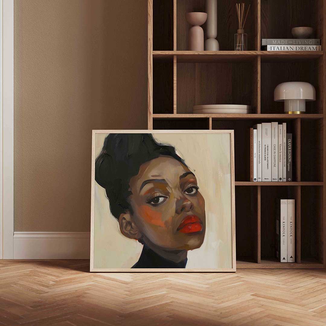 Portret met rode lippen – vierkante design wanddecoratie van WallArtistic