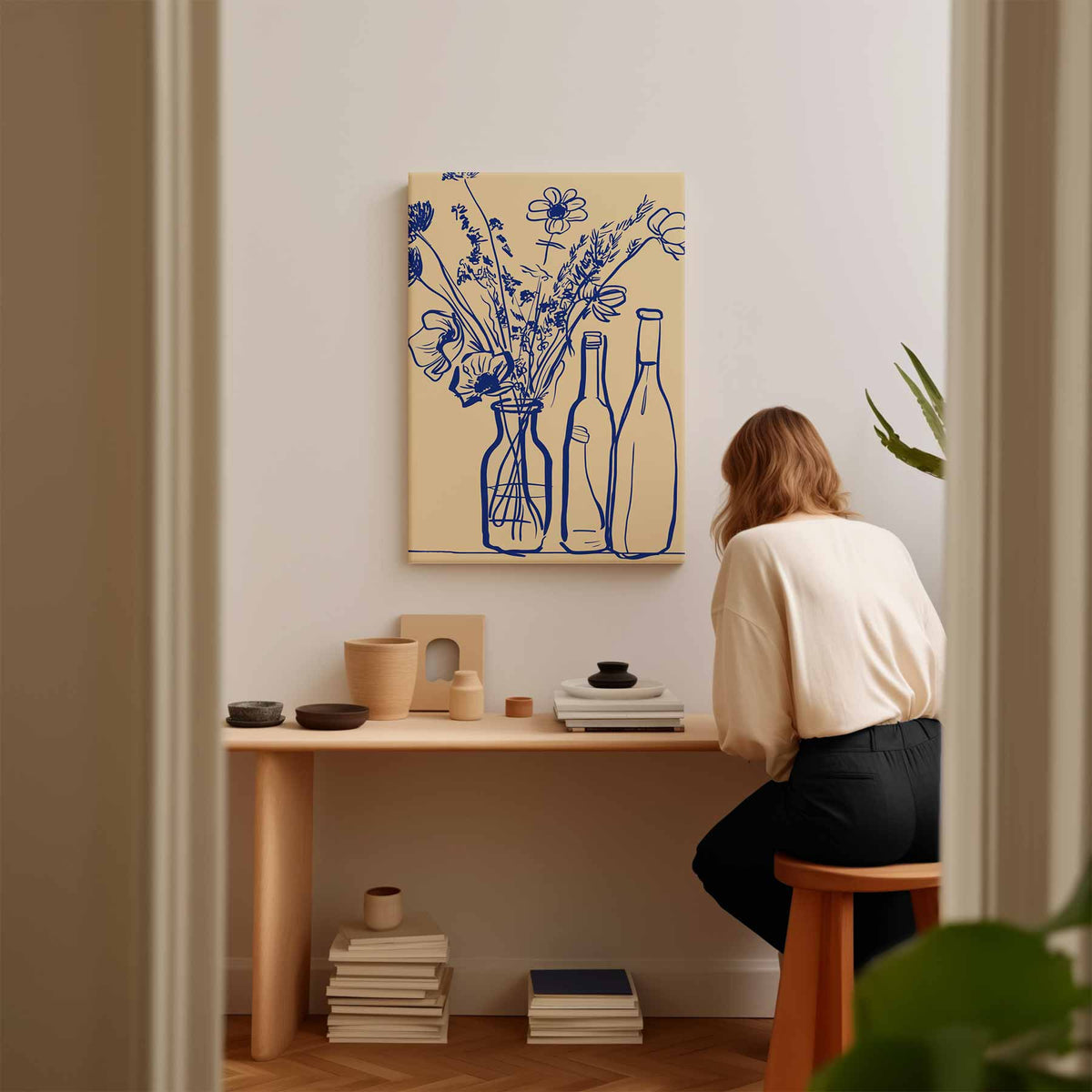 Blauwe Bloemen in Flessen Schilderij – plexiglas wanddecoratie in portret formaat