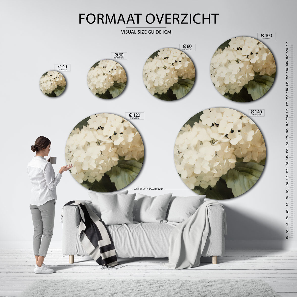 Witte bloemen – abstracte wandkunst als muurcirkel van WallArtistic