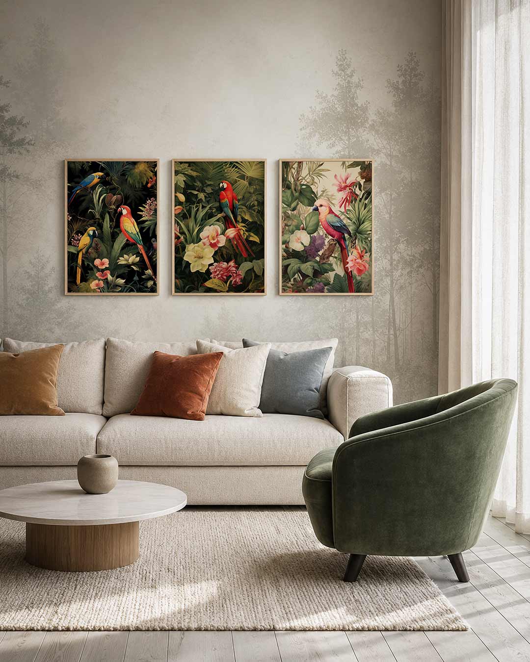 Tropische kleurexplosie driedelige posterset – deze posterset in drie delen toont levendige papegaaien en