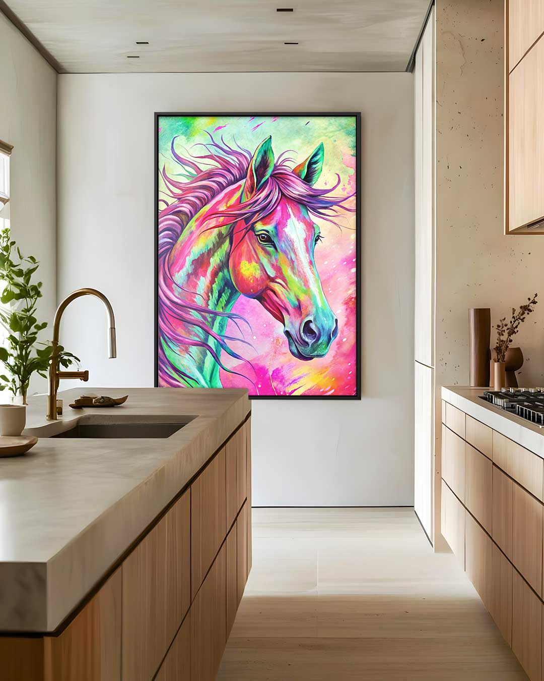 Kleurrijk Paardenportret – kunstwerk met zwarte baklijst
