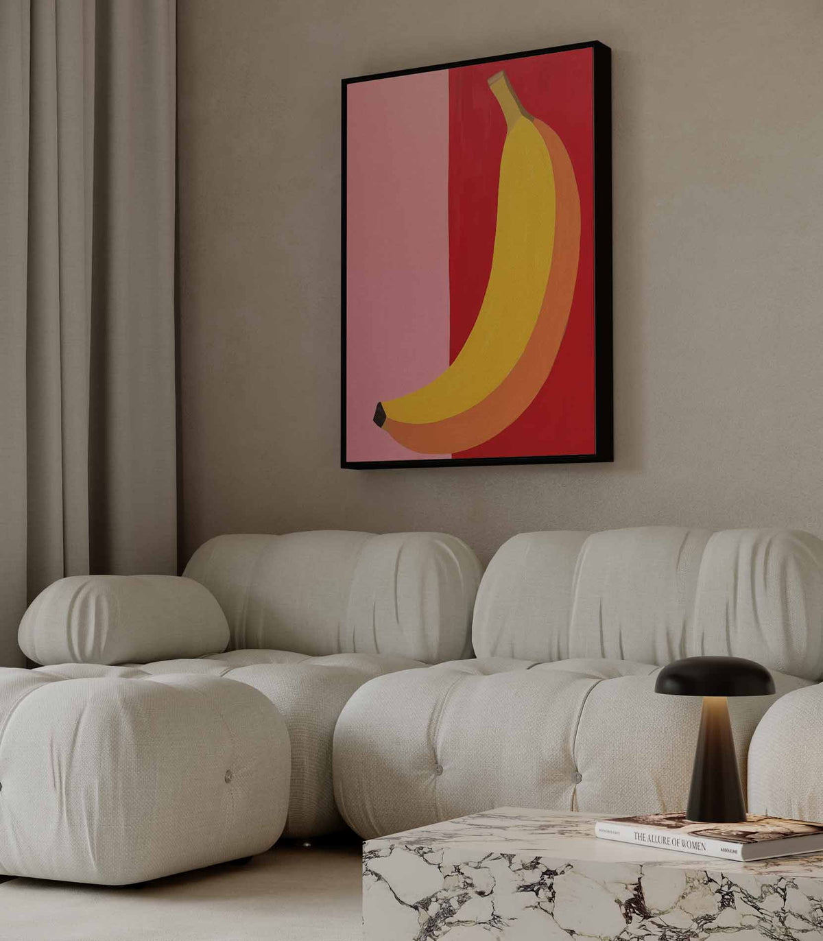 Kleurrijke Banaan op Roze en Rood – staande wandkunst voor woonkamer of interieur