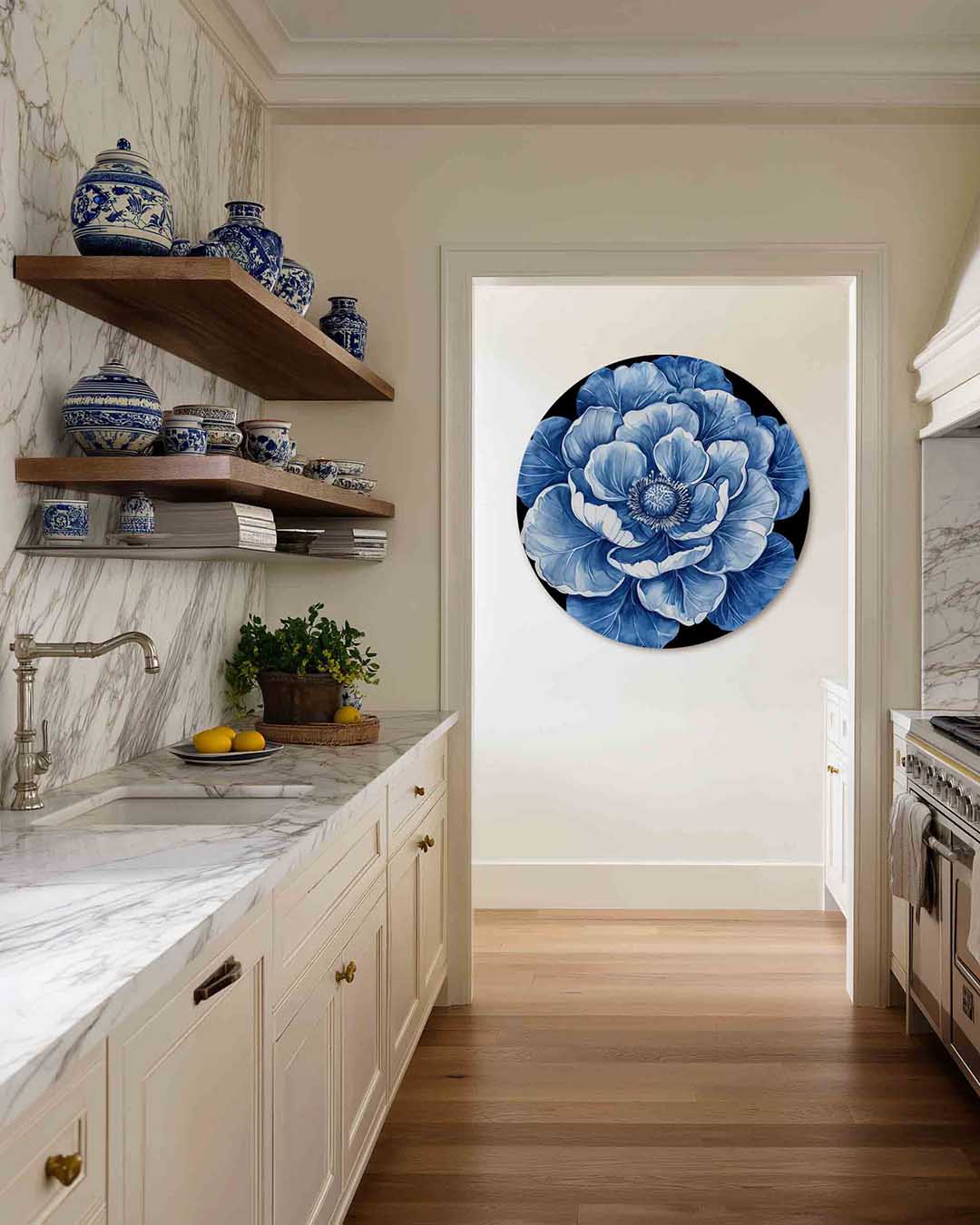 Blauwe bloem – kleurrijke Pop Art muurcirkel voor aan de muur