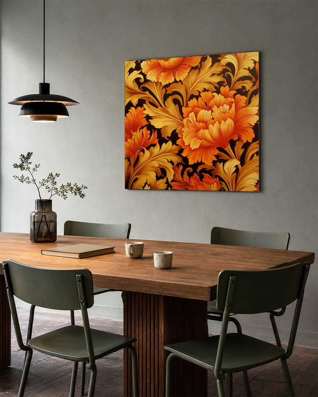 Bloemrijke patronen kunstwerk – tweede productweergave – dit kunstwerk toont weelderige bloemen in levendige oranje en beige