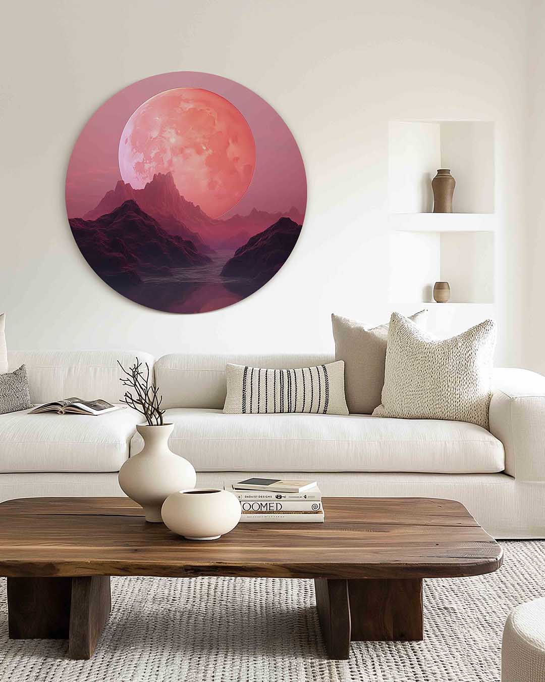 Roze maanlandschap – illustratie muurcirkel als ronde muurdecoratie