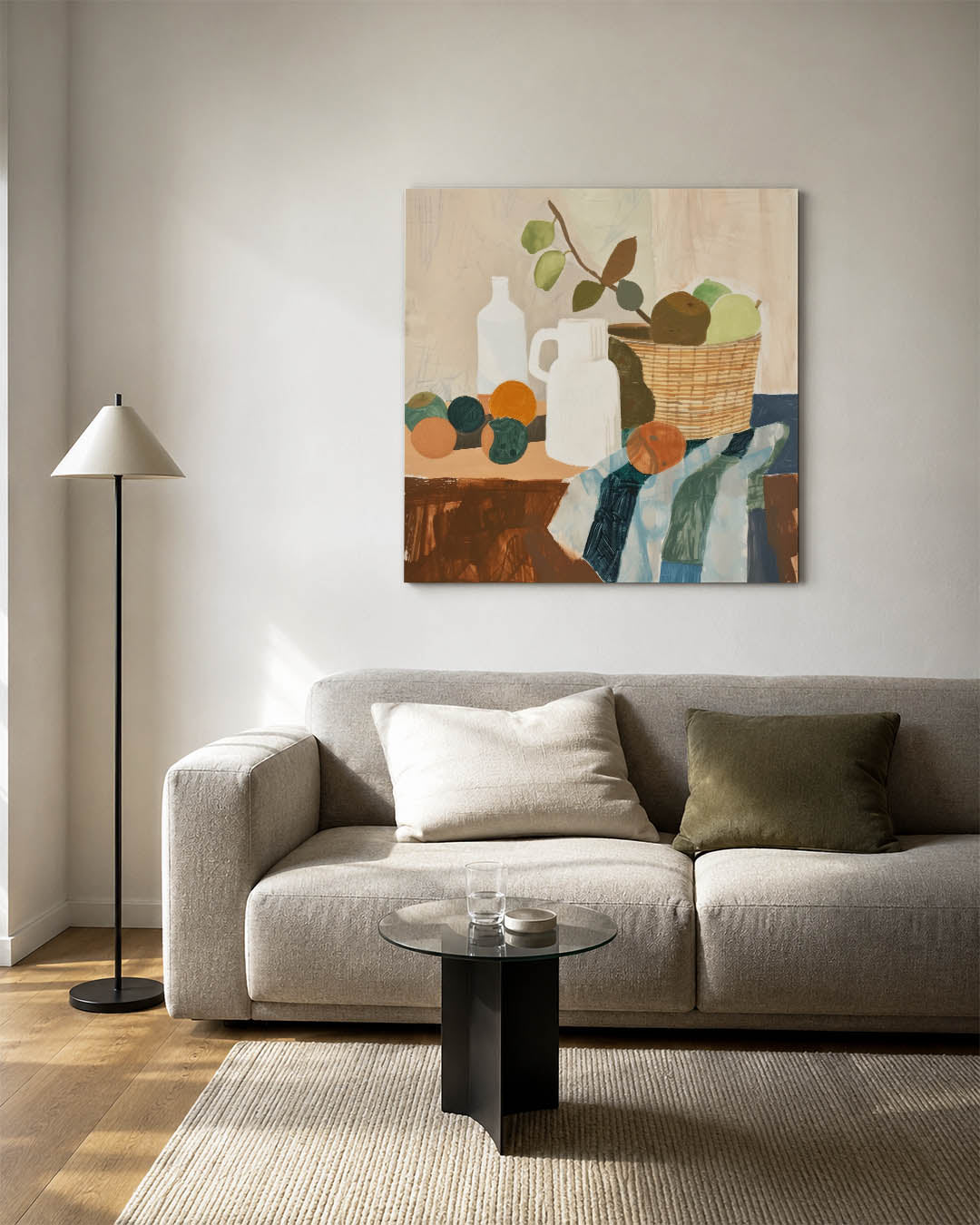Fruit en vormen kunstwerk – vierkante wanddecoratie – dit werk toont een stilleven met fruit en objecten. De compositie