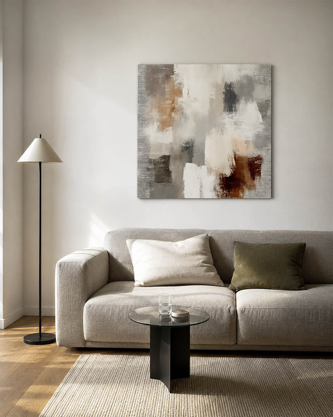 Neutrale kleurenmix kunstwerk – vierkante wanddecoratie – dit werk toont een dynamische mix van beige, grijs en bruin. De