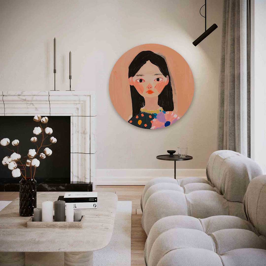 Vrouw met bloem – abstracte textuur muurcirkel als wanddecoratie