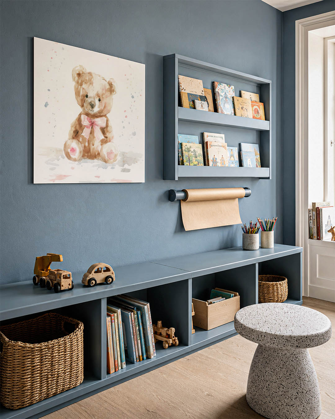 Zachte beer illustratie kunstwerk – detailweergave – een schattige teddybeer met een roze strik, omgeven door subtiele