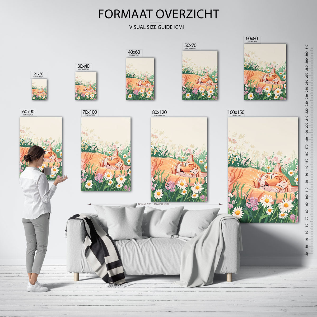 Slapende kat in bloemen – staande muurposter met dierenthema