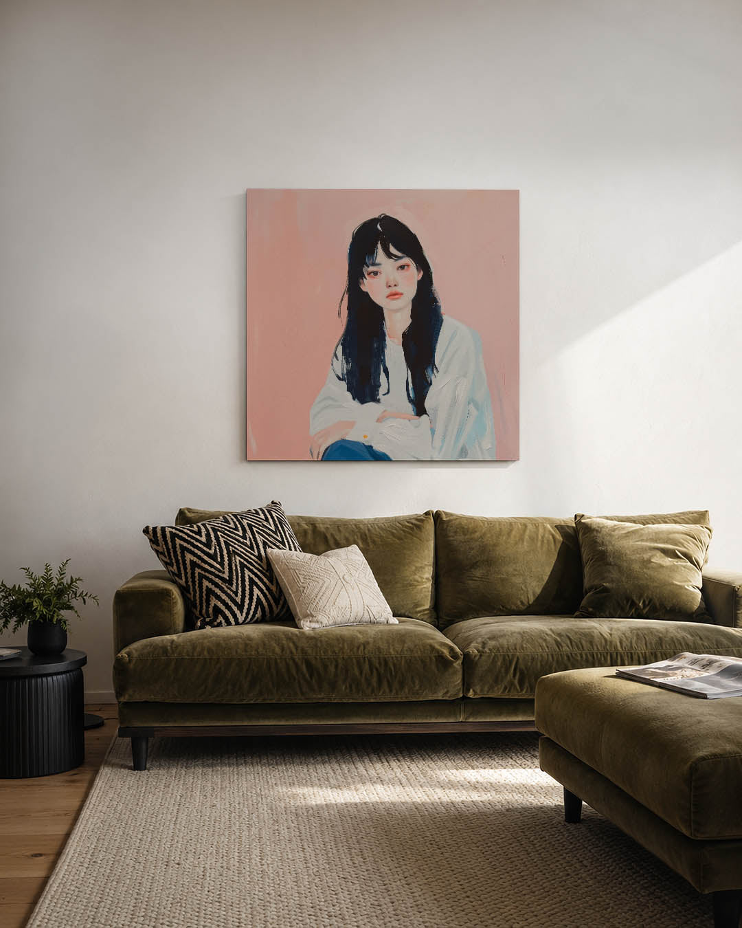 Dromerige portretstudie kunstwerk – derde productweergave – dit kunstwerk toont een jonge vrouw tegen een zachte roze