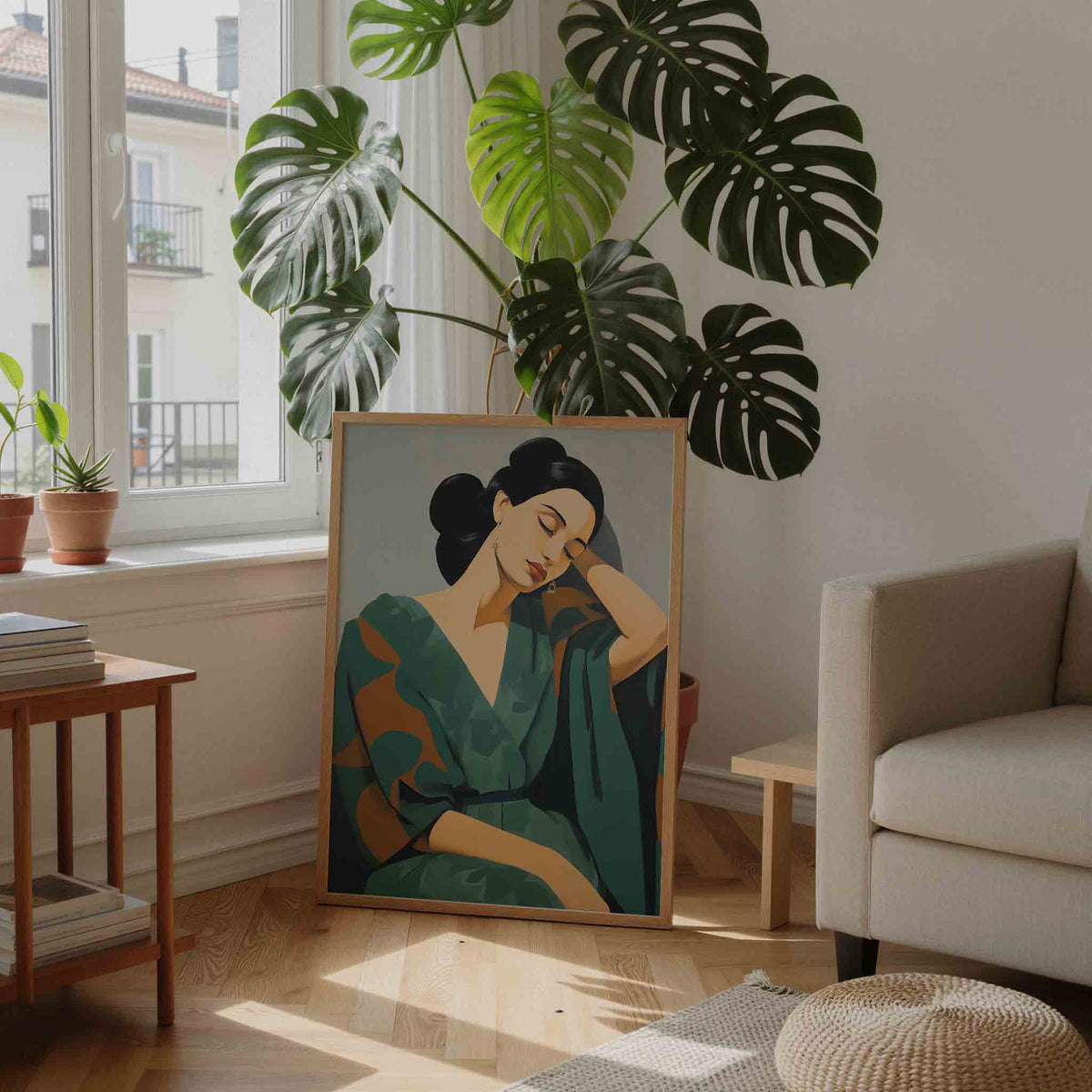 Vrouw in groene jurk – staande botanische wanddecoratie van WallArtistic