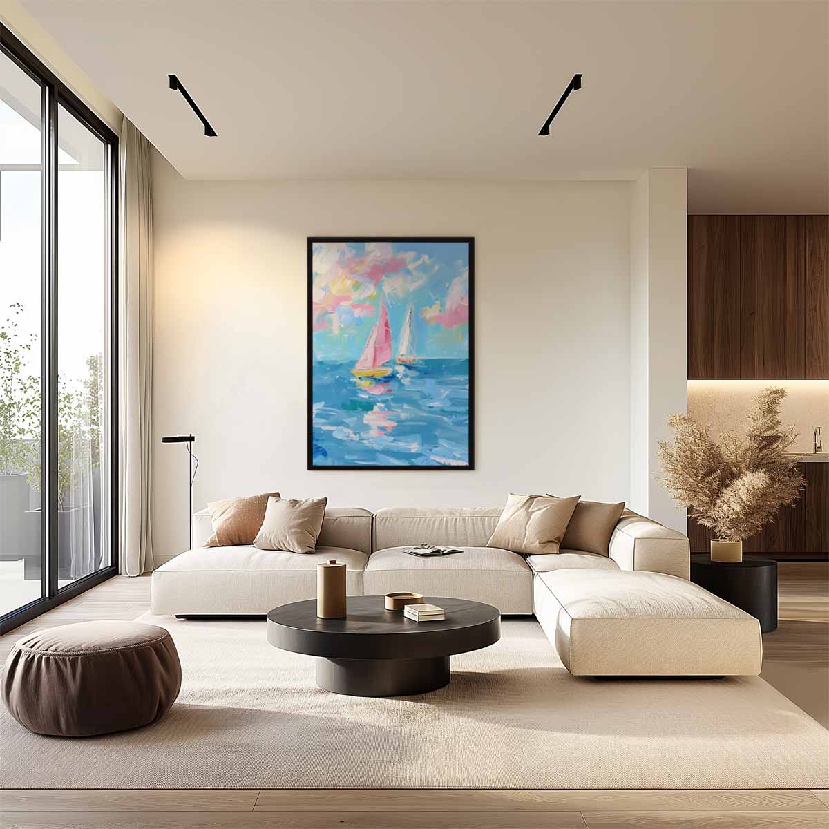 Vrolijke Zeilboten op zee – staand kunstwerk voor modern interieur