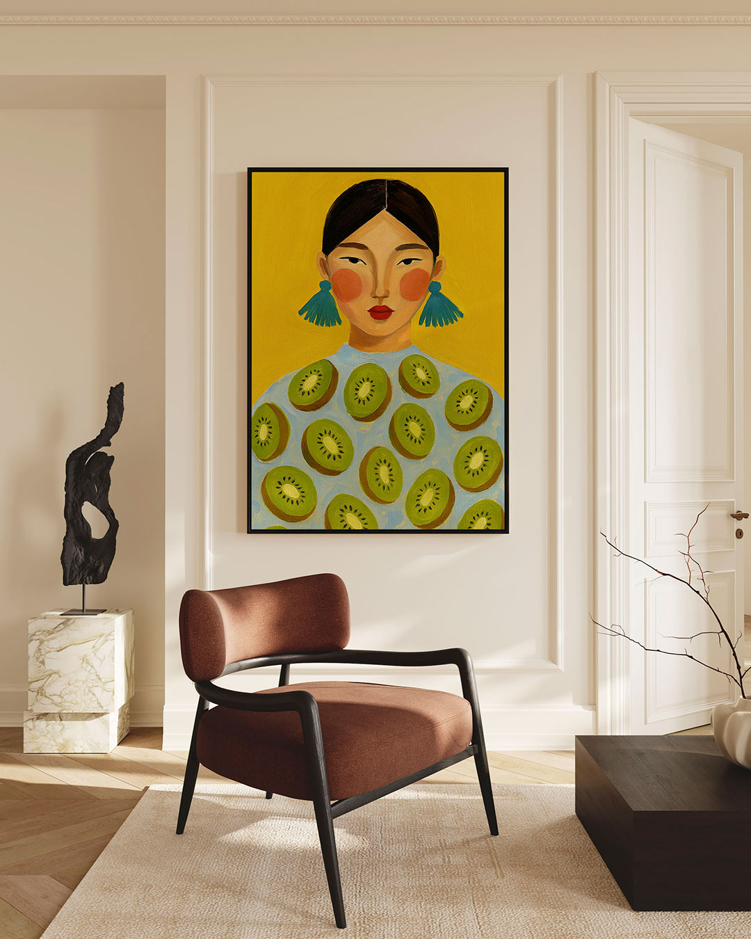 Vrouw met kiwi's – staand wanddecoratie kunstwerk