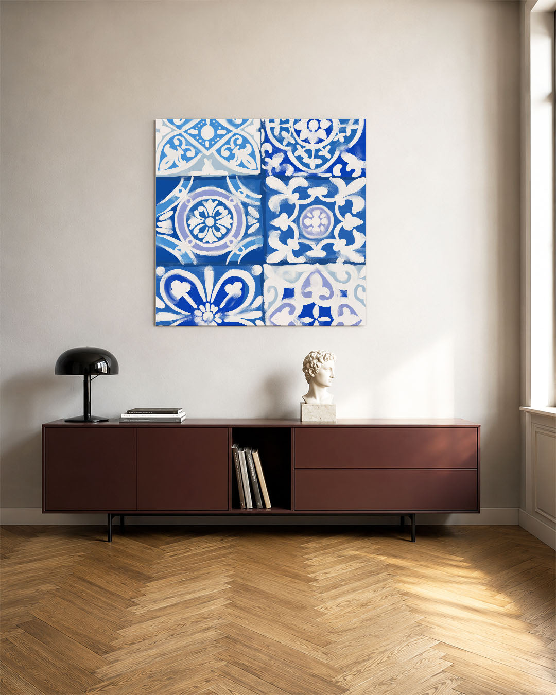 Geometrische patronen kunstwerk – tweede productweergave – dit werk toont een reeks geometrische patronen in blauw en wit
