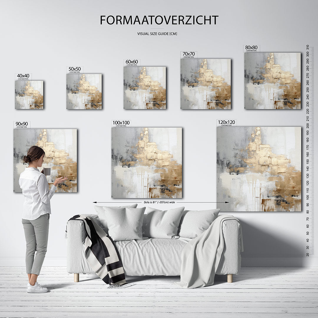Gelaagde texturen kunstwerk – materiaalweergave – dit werk toont een dynamisch spel van grijs, beige en brons. De compositie