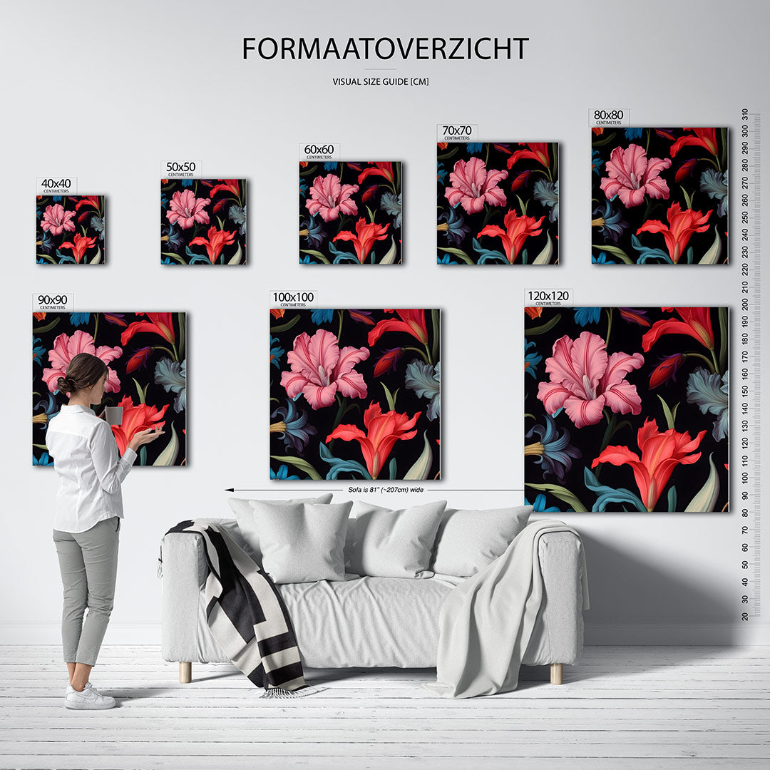Bloemenpracht op zwart kunstwerk – sfeerbeeld – dit kunstwerk toont levendige bloemen in roze, rood en blauw tegen een zwarte