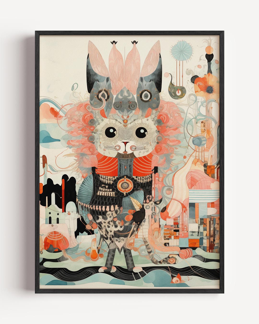 Kat en fantasie-illustratie – kleurrijke abstracte portret poster als wanddecoratie