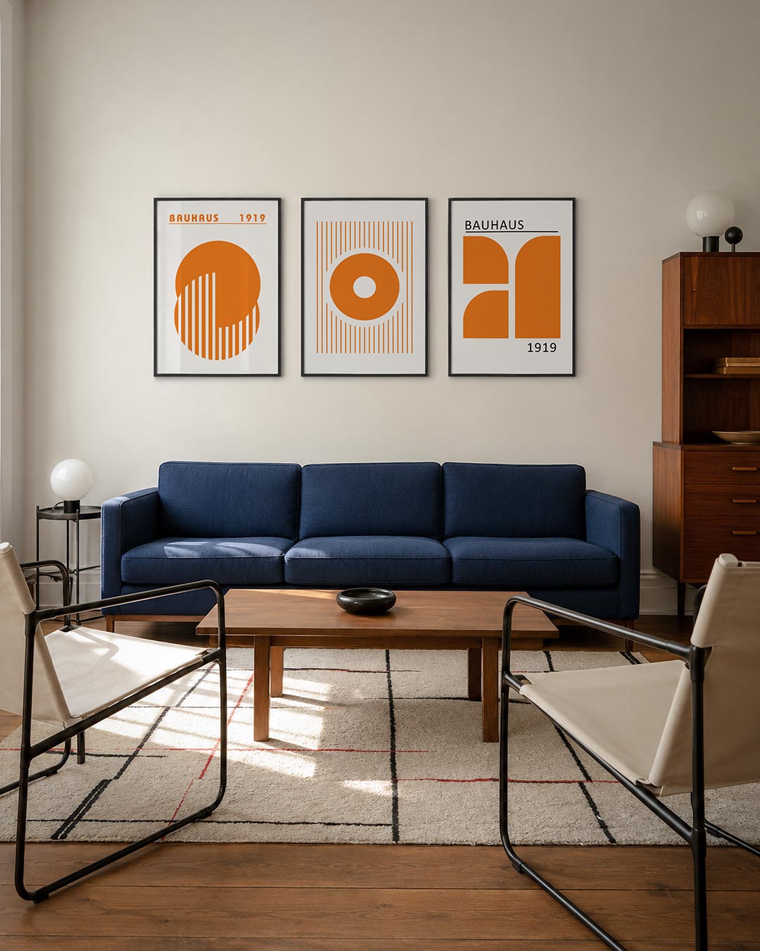 Cirkel en strepen driedelige posterset – een grote oranje cirkel met verticale witte strepen die een ritmisch patroon vormen.