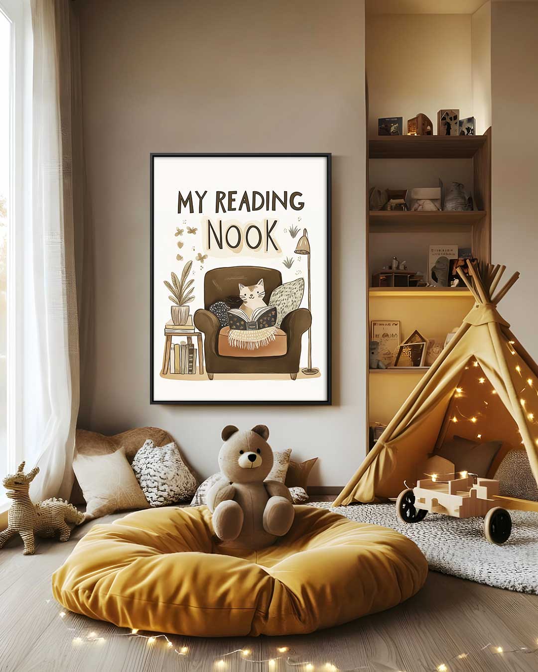Gezellige Leeshoek Kat Print – staand kunstwerk voor modern interieur