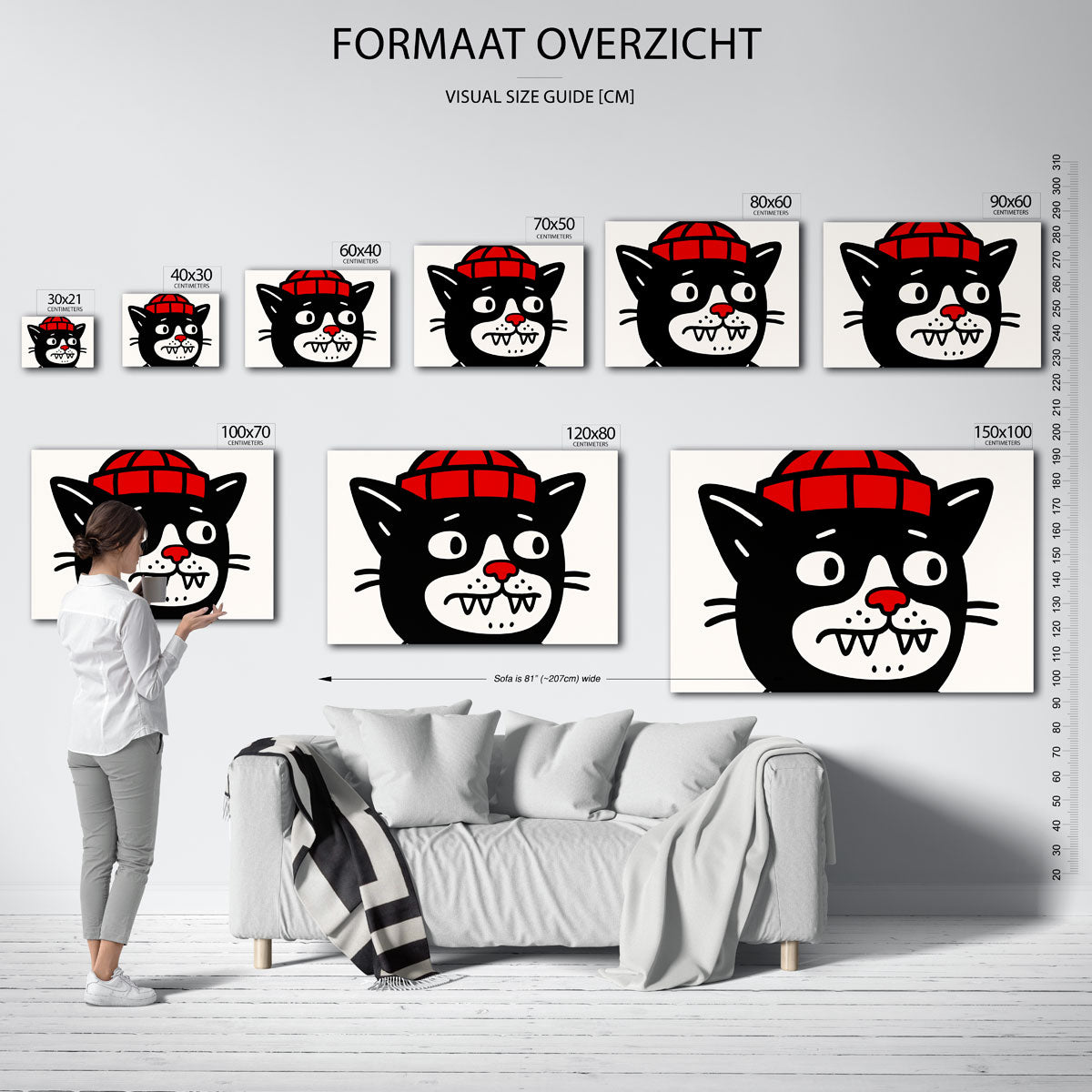 Kat met rode muts – liggende muurposter voor een modern interieur