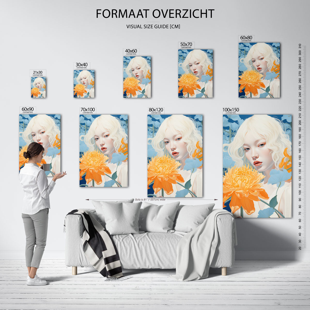 Vrouw met oranje bloem – staande muurposter met botanisch thema