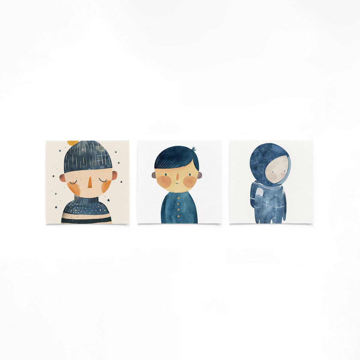 Drie vierkante posters met ruimtefiguren op een gebroken witte achtergrond
