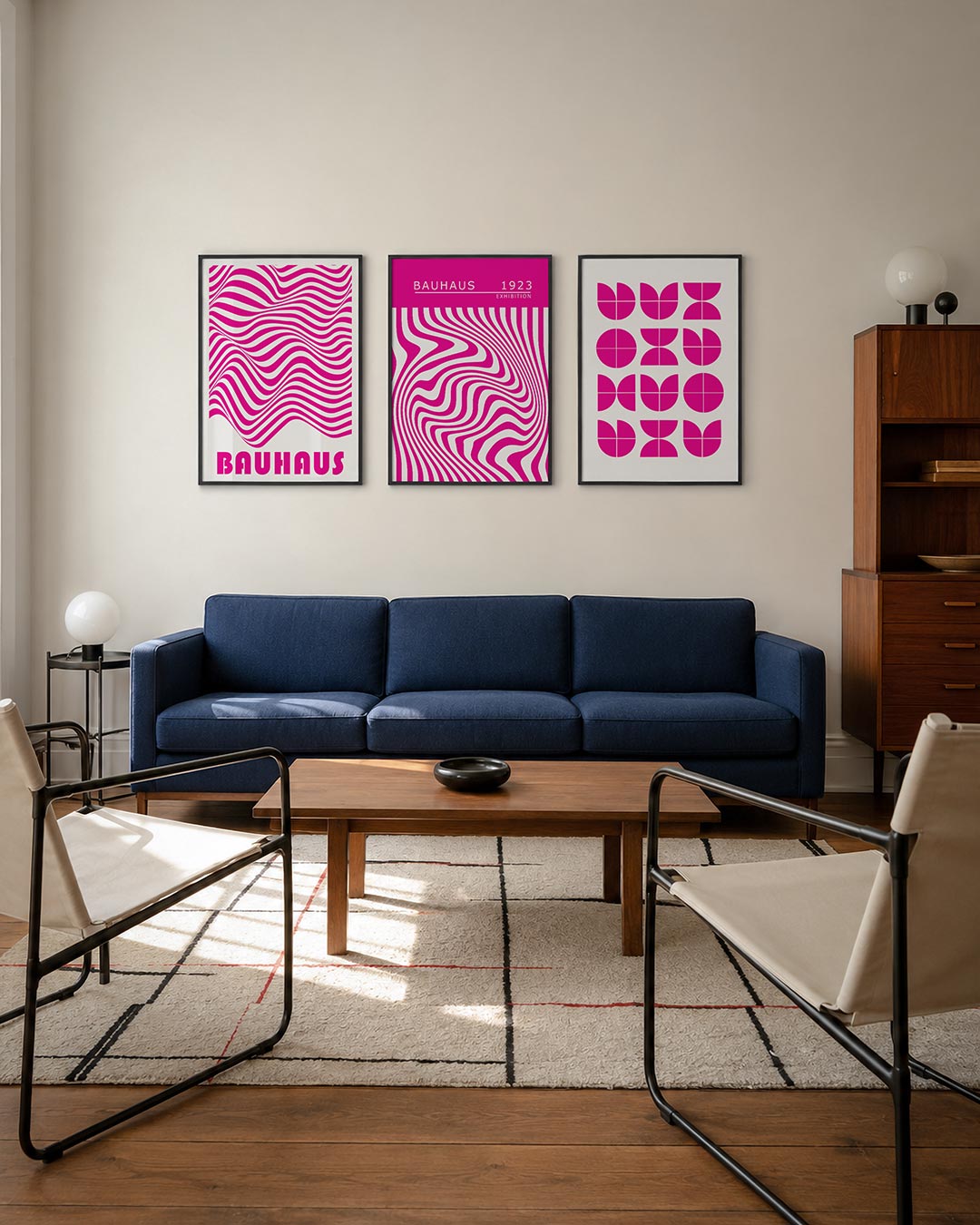 Golvend lijnenspel posterset – derde productweergave – deze posterset in drie delen toont vloeiende roze lijnen