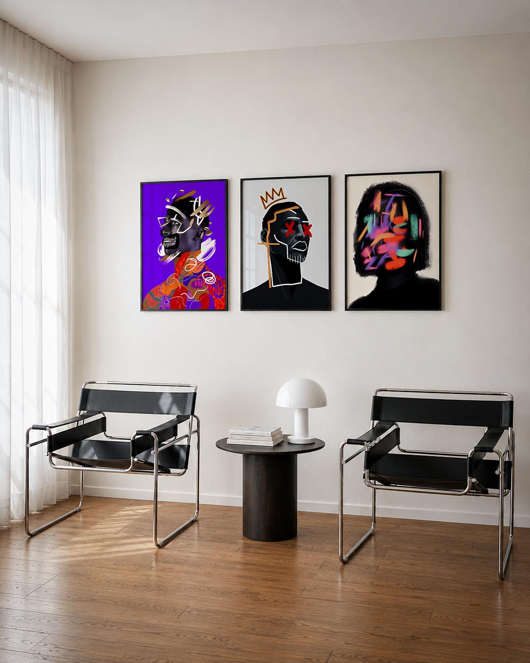 Kleurrijke vormenexplosie driedelige posterset – een dynamische mix van felle kleuren en speelse lijnen op