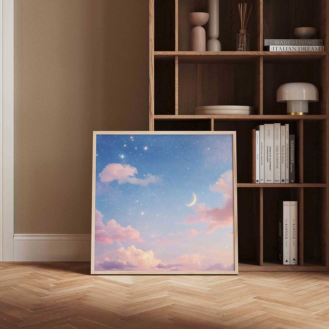 Maan en sterrenhemel – vierkante wanddecoratie met kleur en vorm van WallArtistic