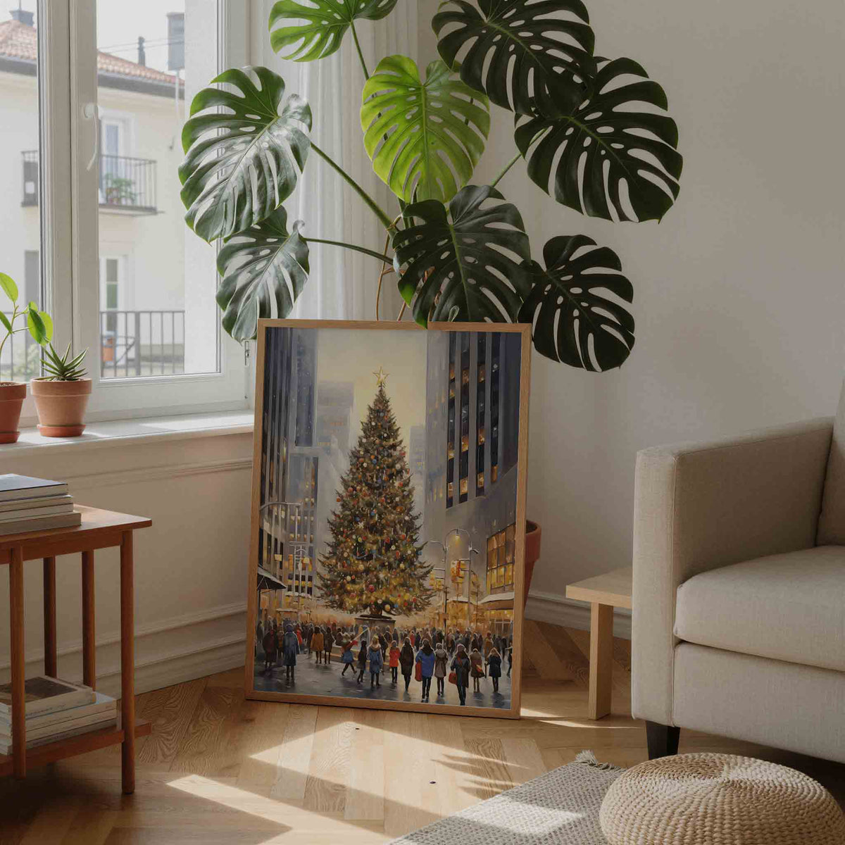 Kerstboom in stadsplein – feestelijke wandkunst als portret poster