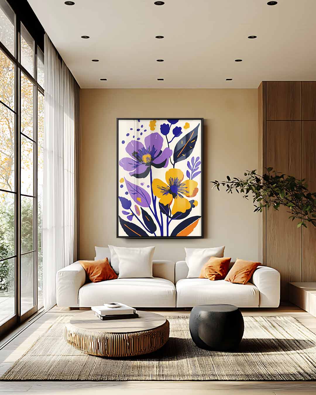 Bloemenpracht in Paars en Oranje – kunstwerk met zwarte baklijst