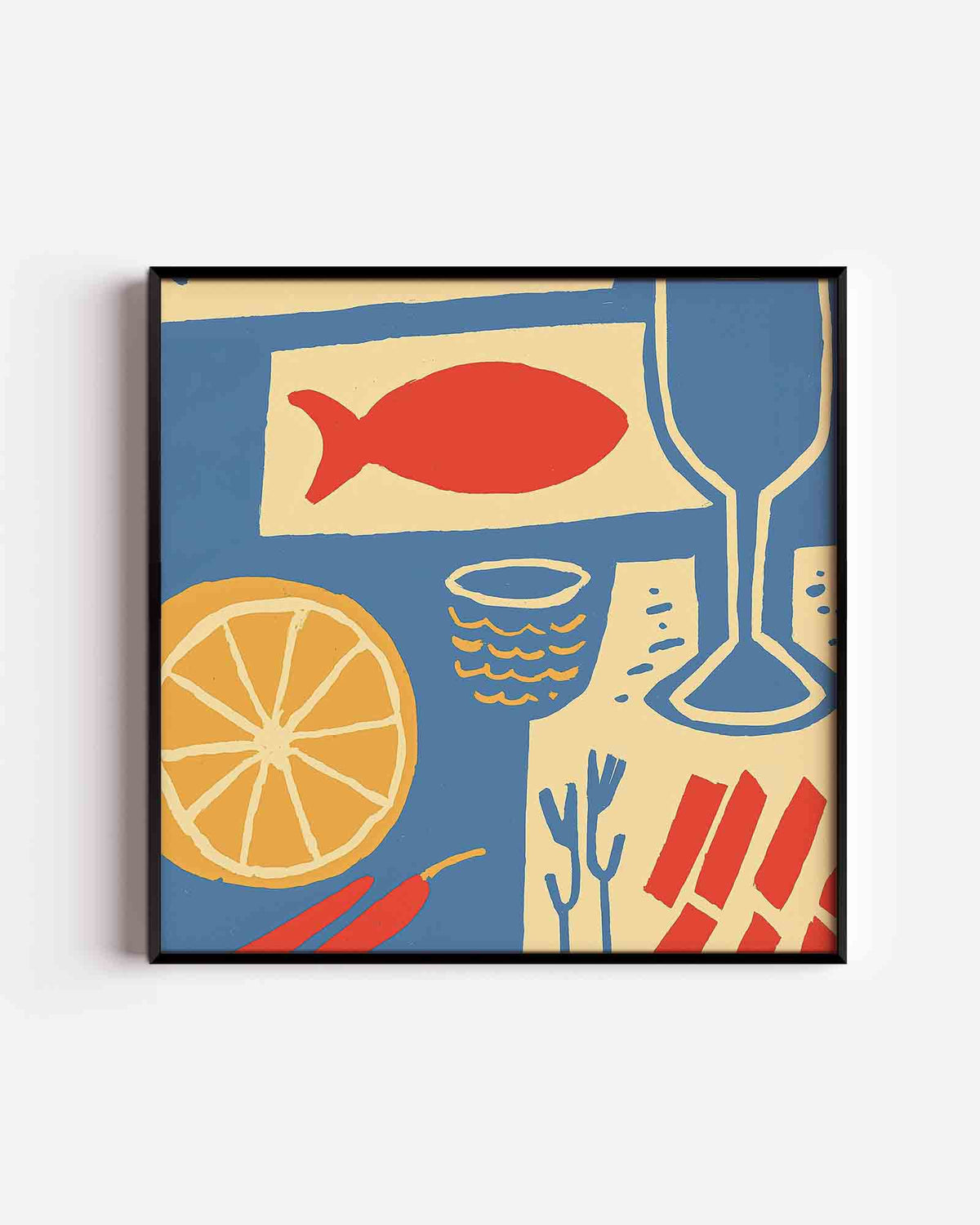 Vis en citrus – vierkante poster met kleur en vormen als wanddecoratie
