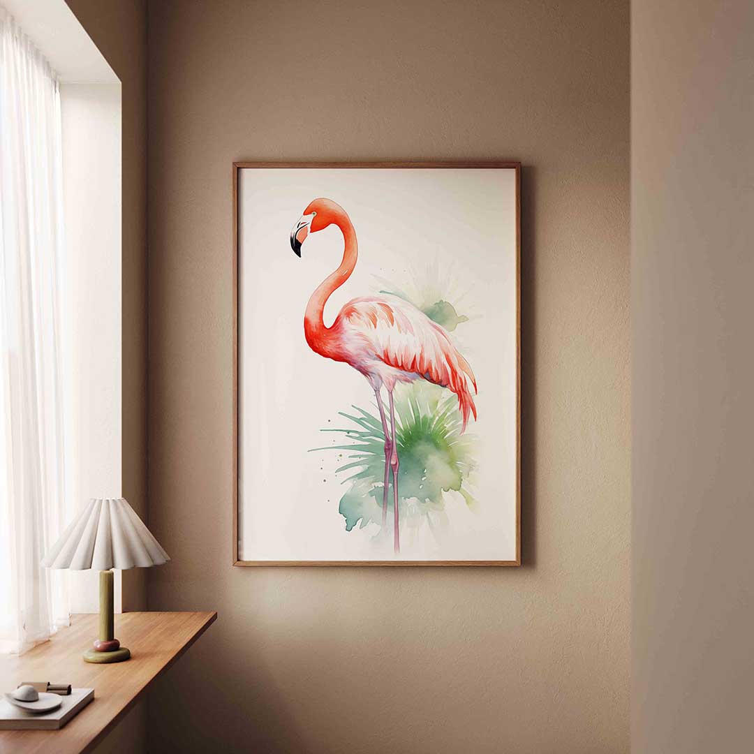 Flamingo met groene bladeren – staande jungle wanddecoratie van WallArtistic
