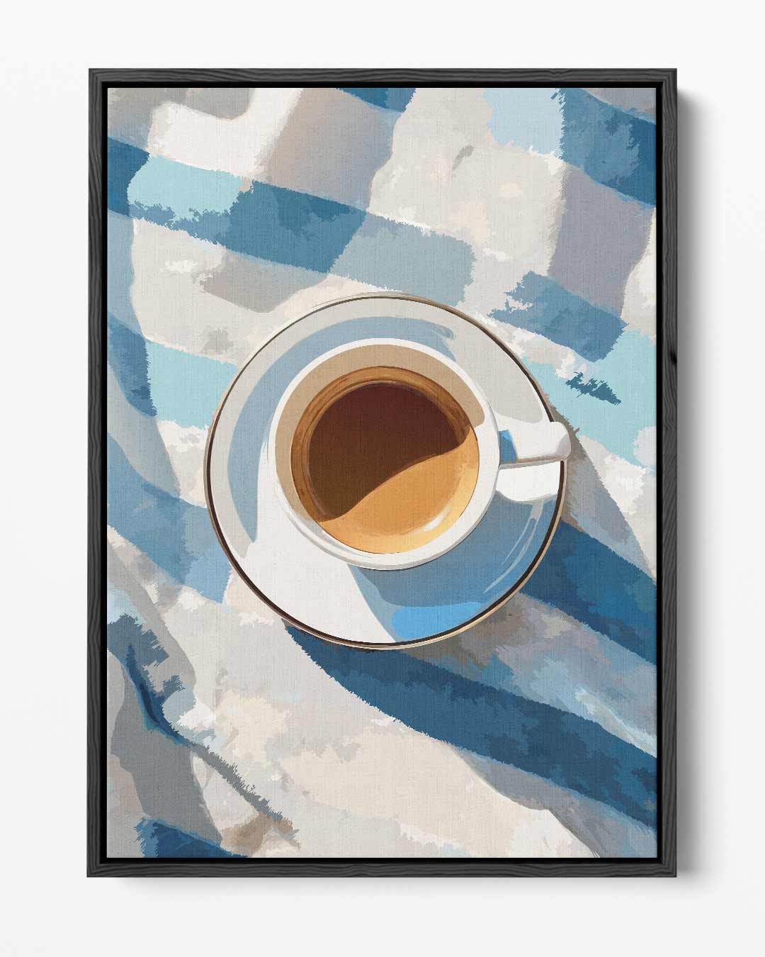 Koffiepauze op Blauwe Tafelloper – portret kunstwerk als wanddecoratie