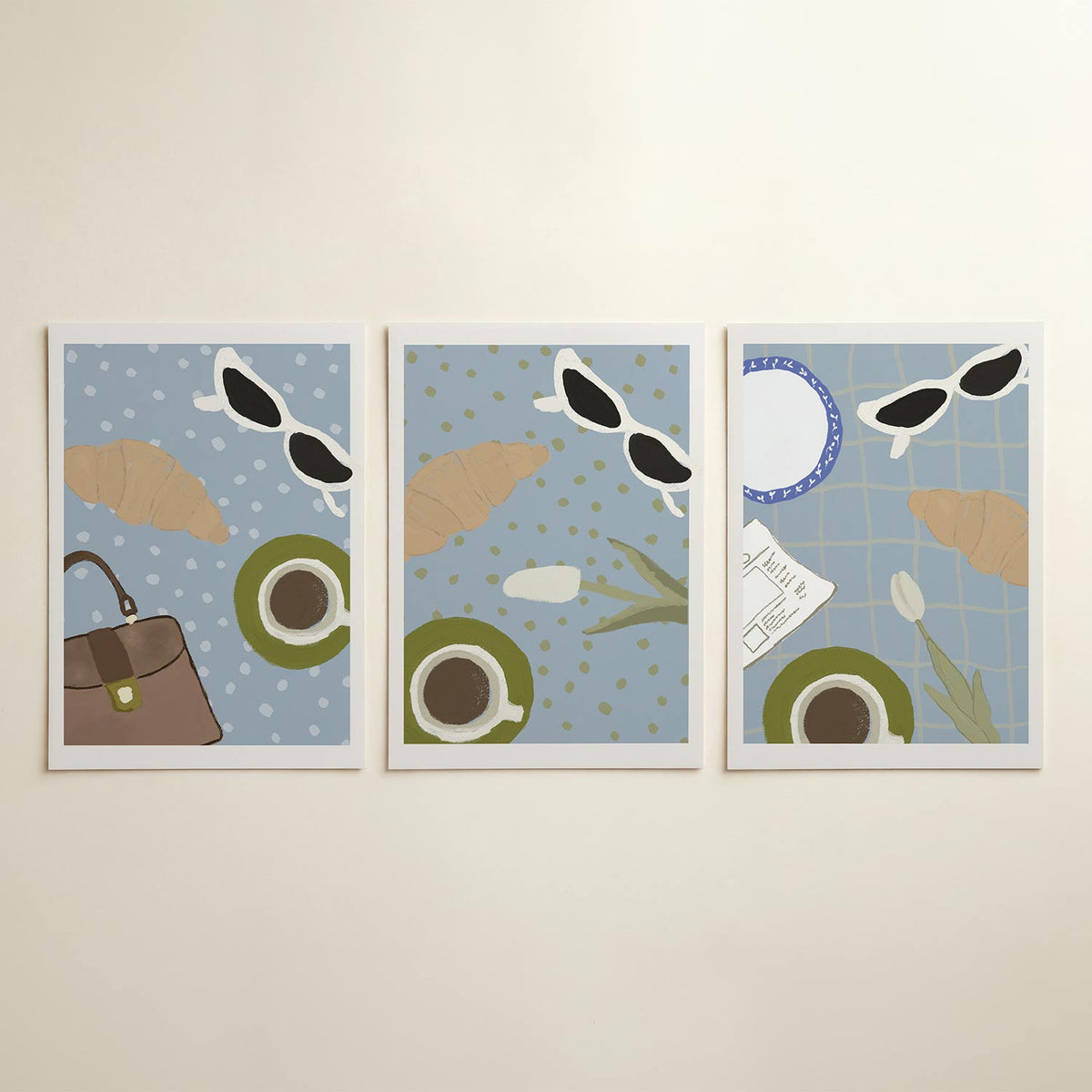 Ontbijt en accessoires driedelige posterset in interieur