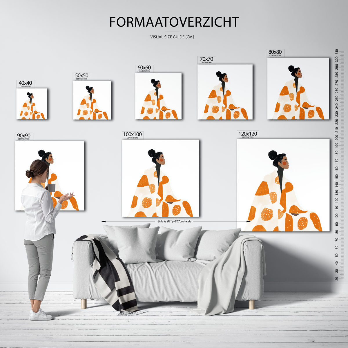 Vrouw met oranje patroon – vierkante muurposter voor een modern interieur