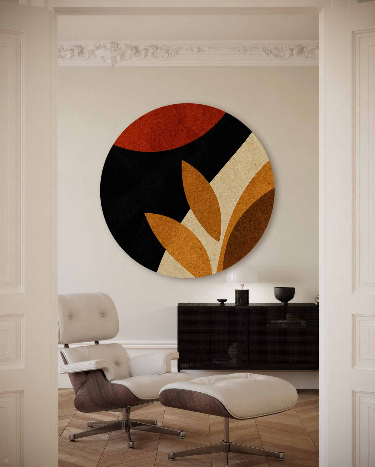 Bladeren en cirkel – moderne abstracte muurcirkel voor aan de muur