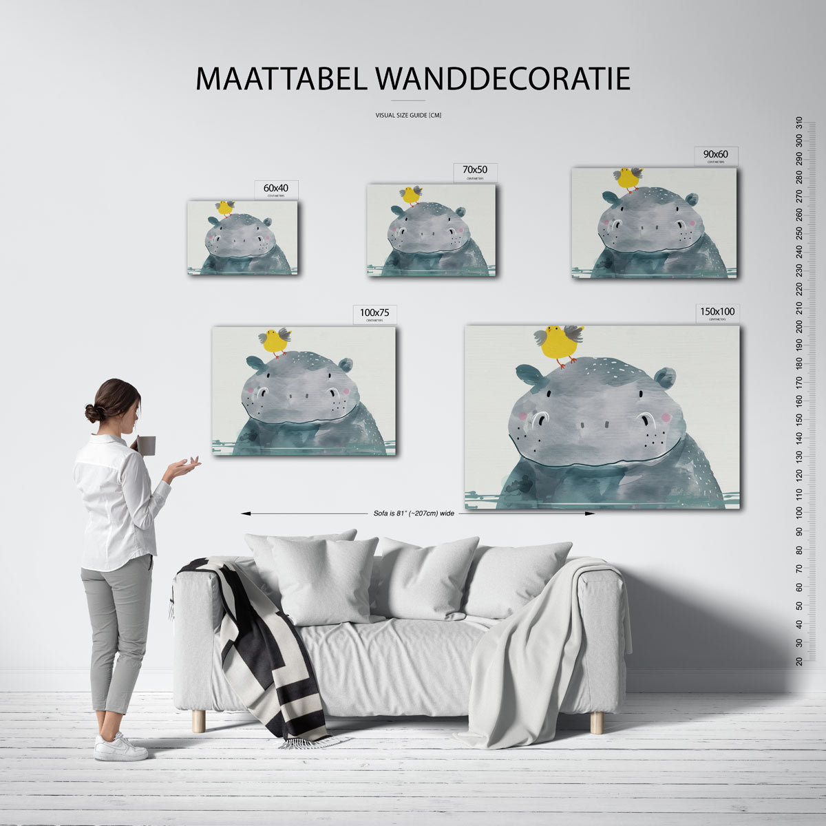 Vrolijke dierenillustratie – Kinder kunstwerk – moderne liggende wanddecoratie
