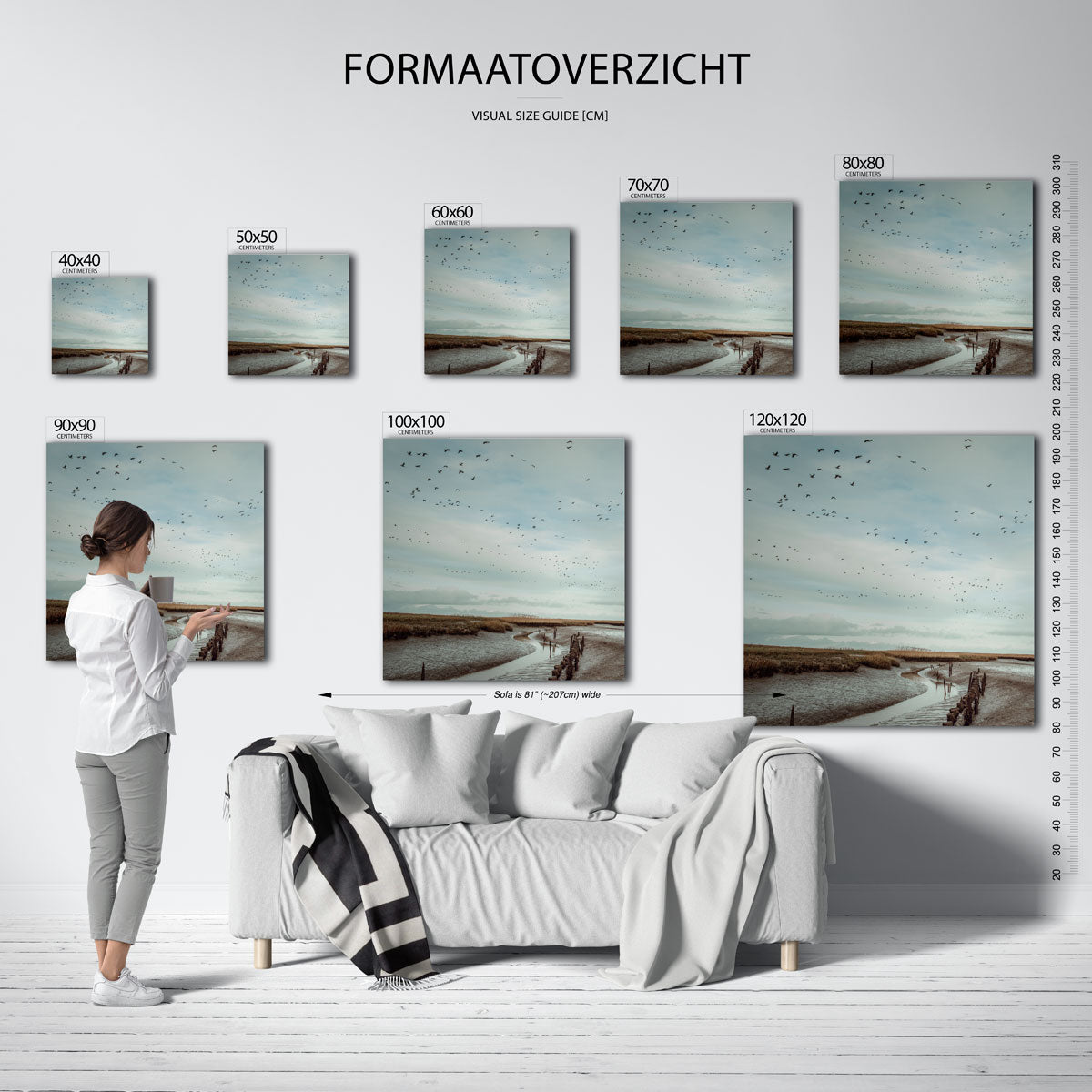 Vogels boven landschap poster – sfeerbeeld – een serene lucht vol vogels boven een uitgestrekt landschap met een kronkelende