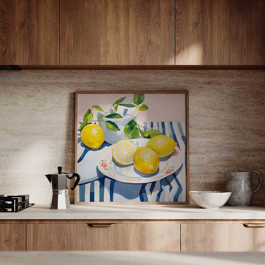 Citroenen op gestreept tafelkleed – culinaire wandkunst als vierkante poster